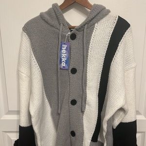 NWT Hooded Gray Black White Colorblock Duster Heavy Knit Cardigan